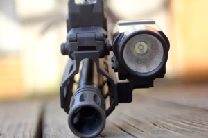 Offset Light Mount with 3-slot rail, Streamlight TLR-1, MBUS front sight and Parallax Tactical M-LOK rail.